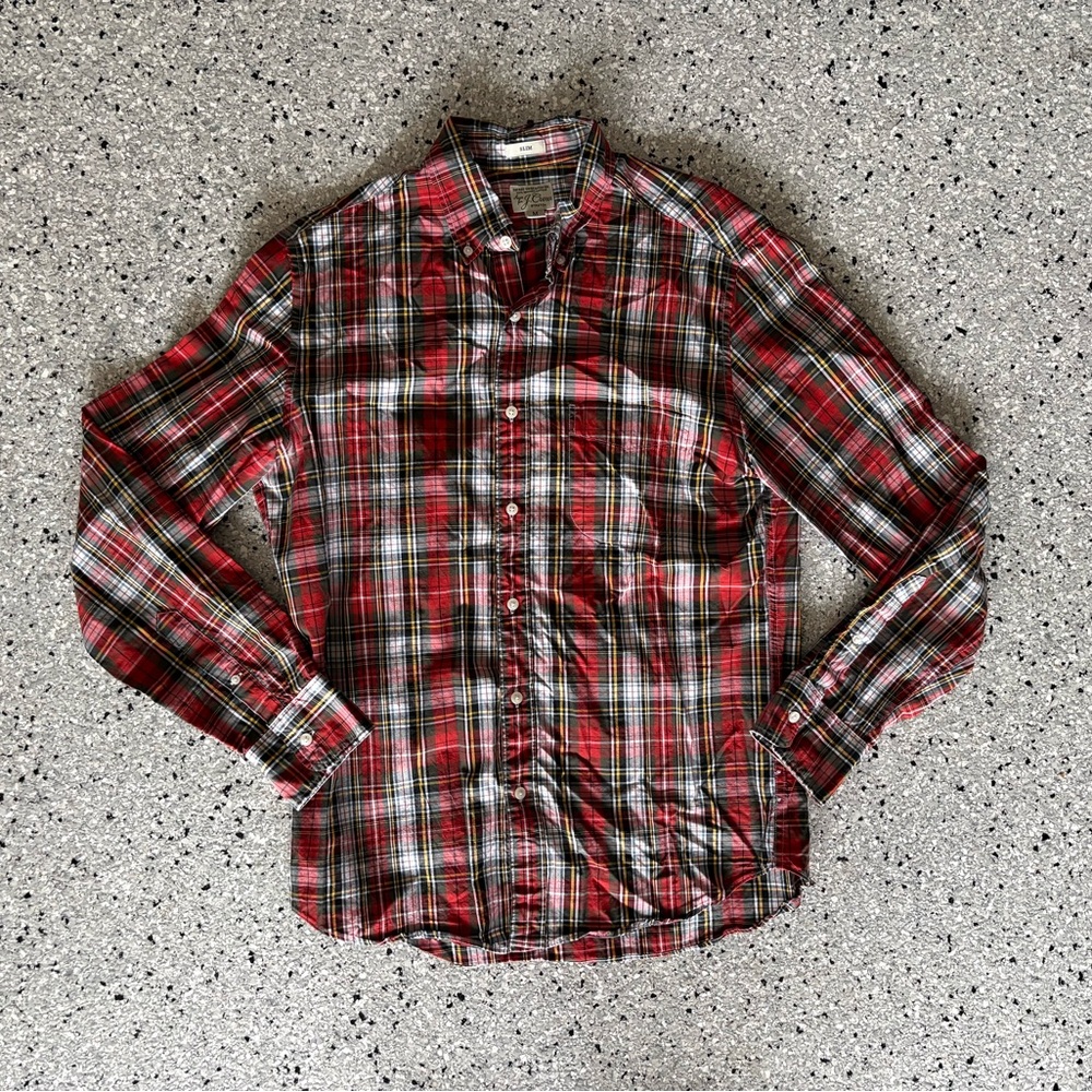 J. Crew Men’s Red and White Plaid Button-Down Shirt Medium Slim